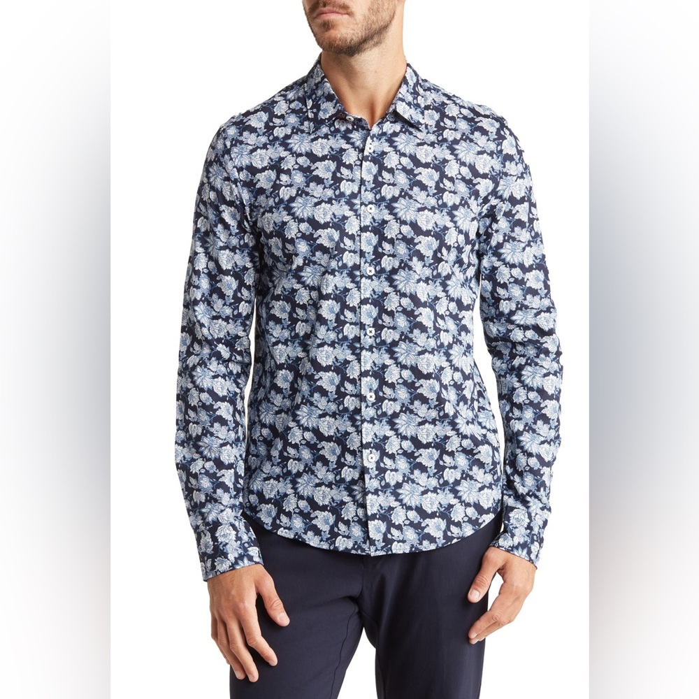 Good Man Brand On-Point Stretch Button-Up Shirt in Navy WoodBlock Floral Size:L